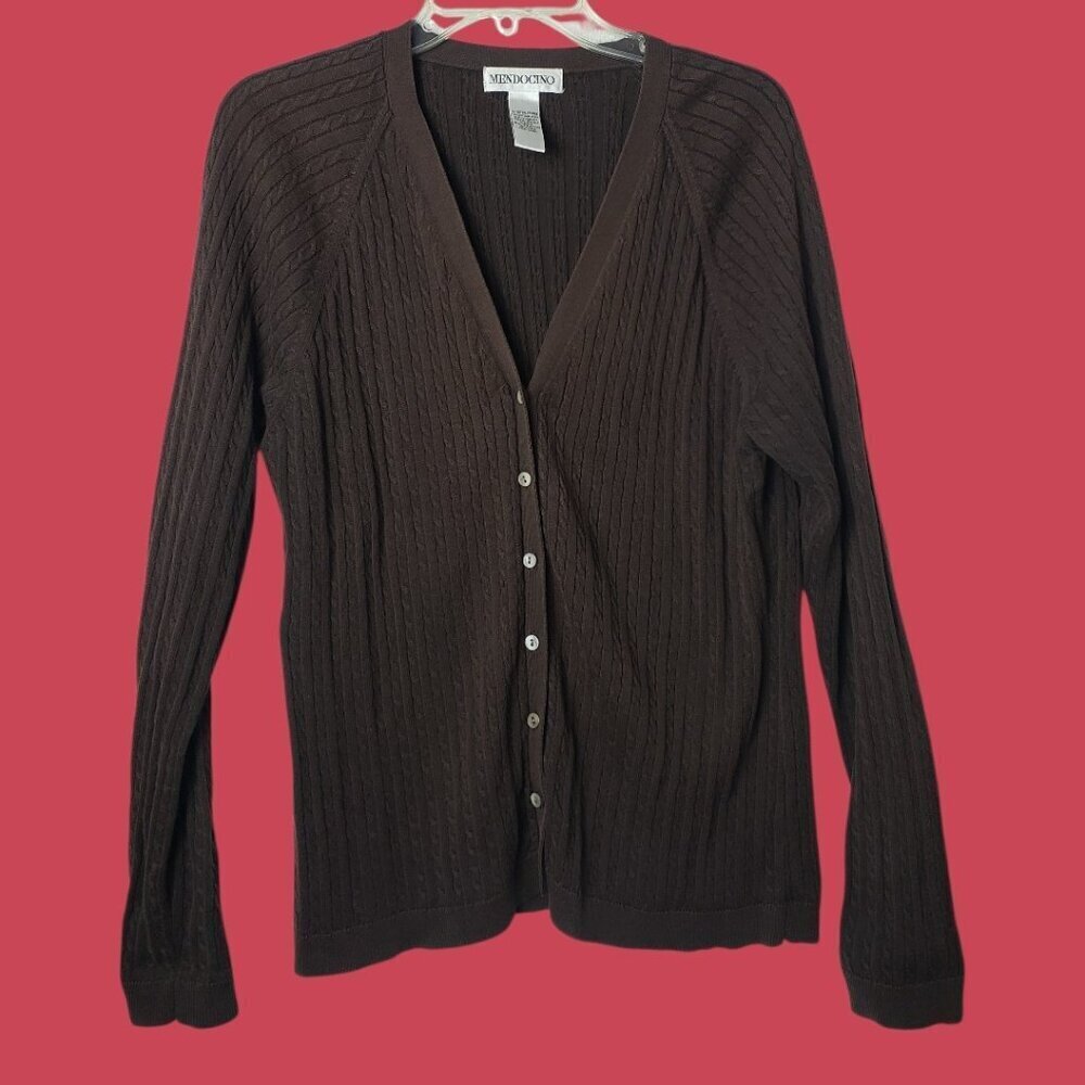 Mendocino Womens V-Neck Cable Knit  Cardigan Sweater 100% Cotton Brown X Large